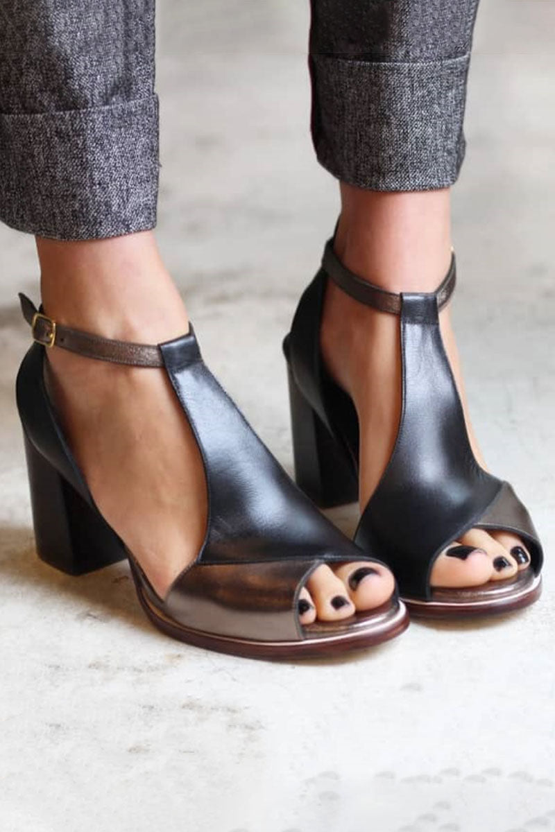 Nadaria - Black Patchwork Peep Toe Orthopedic Heels