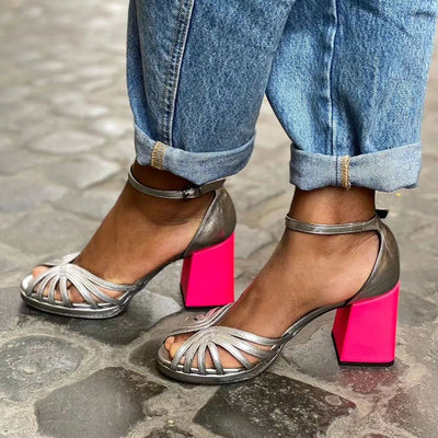 Seraphina - Shiny Orthopedic Sandals with Chunky Heel and Elegant Buckle